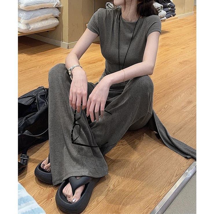 レディース大人可愛いセットアップ サイドギャザーtシャツ レイヤード風フレアパン… | SUNSHINE CLOSET | 詳細画像2 