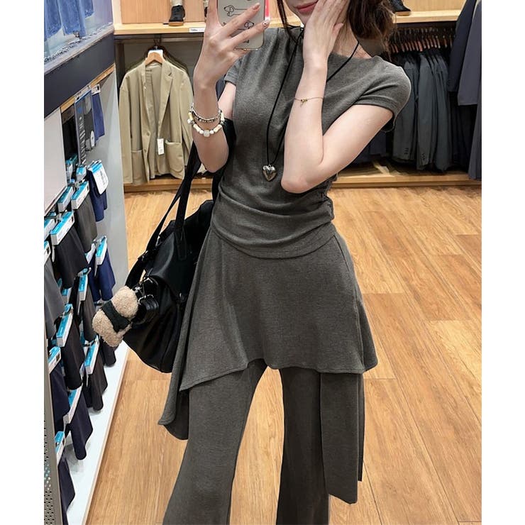 レディース大人可愛いセットアップ サイドギャザーtシャツ レイヤード風フレアパン… | SUNSHINE CLOSET | 詳細画像3 