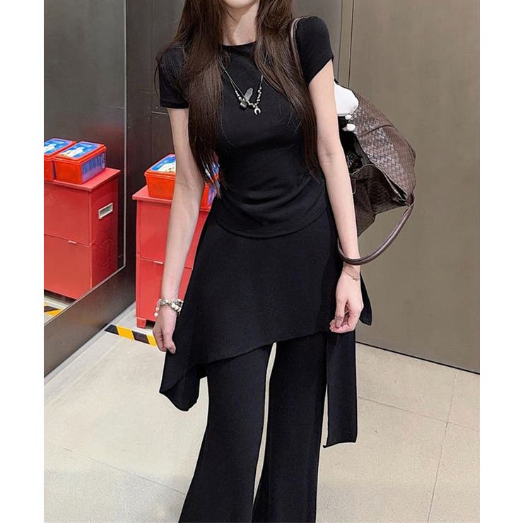 レディース大人可愛いセットアップ サイドギャザーtシャツ レイヤード風フレアパン… | SUNSHINE CLOSET | 詳細画像6 