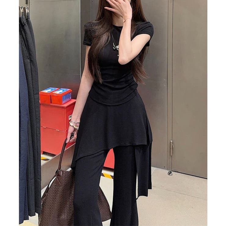 レディース大人可愛いセットアップ サイドギャザーtシャツ レイヤード風フレアパン… | SUNSHINE CLOSET | 詳細画像7 