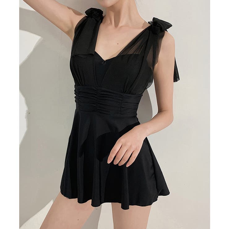 Vネックバスト盛れる水着ショートパンツ付き ショルダーリボン水着セット背中開きフ… | SUNSHINE CLOSET | 詳細画像1 