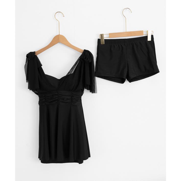 Vネックバスト盛れる水着ショートパンツ付き ショルダーリボン水着セット背中開きフ… | SUNSHINE CLOSET | 詳細画像18 