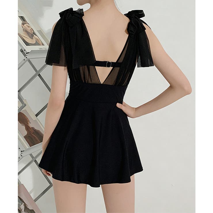 Vネックバスト盛れる水着ショートパンツ付き ショルダーリボン水着セット背中開きフ… | SUNSHINE CLOSET | 詳細画像6 