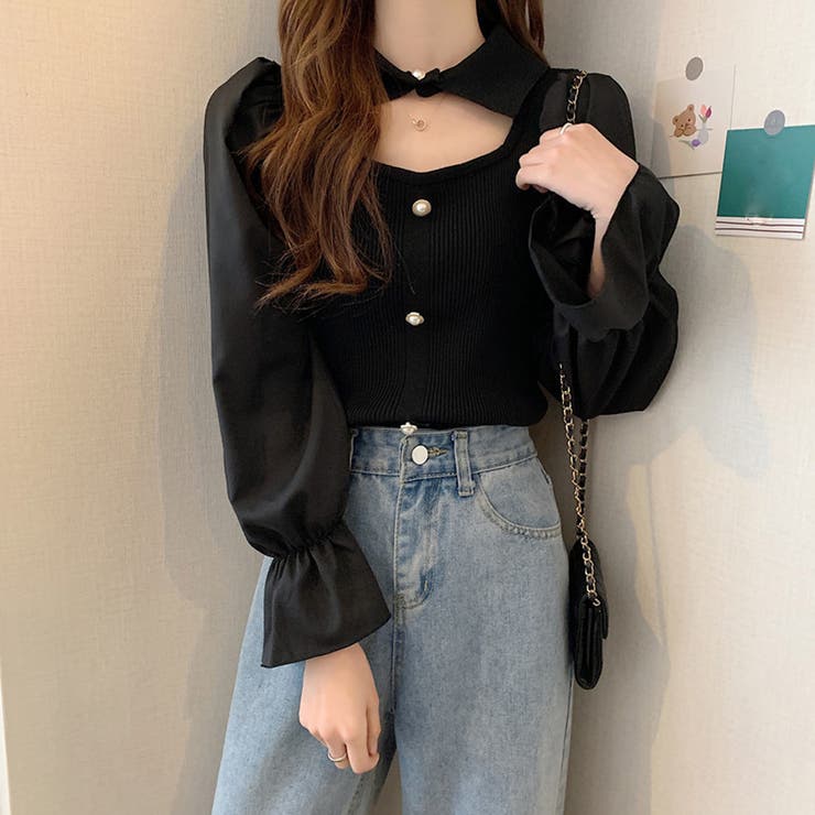 ブラック | チョーカー風ニットトップス 袖切り替え 春 | SUNSHINE CLOSET