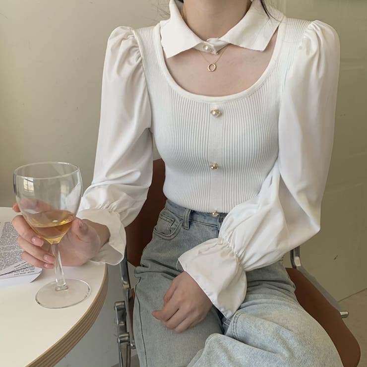 ホワイト | チョーカー風ニットトップス 袖切り替え 春 | SUNSHINE CLOSET