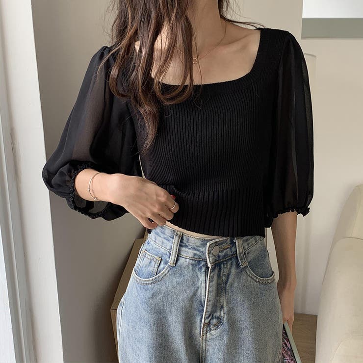 ブラック | ニットトップス 袖切り替えサマーニット 春 | SUNSHINE CLOSET