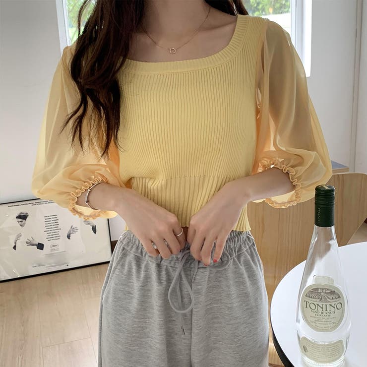 イエロー | ニットトップス 袖切り替えサマーニット 春 | SUNSHINE CLOSET