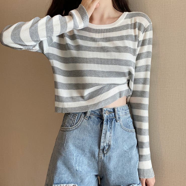 グレー | ボーダー柄ニットトップス レディース 春 | SUNSHINE CLOSET
