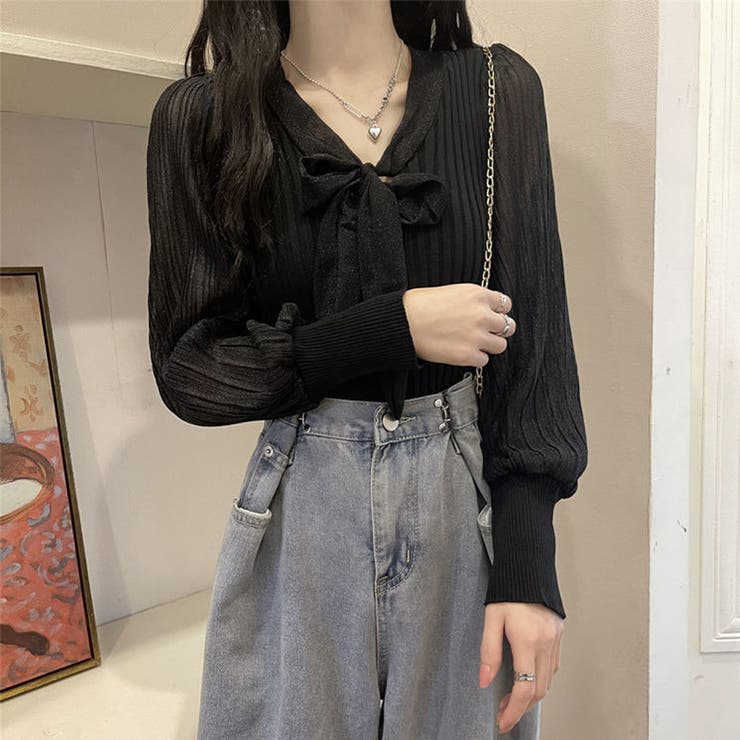 ブラック | プリーツ リブニット トップス | SUNSHINE CLOSET