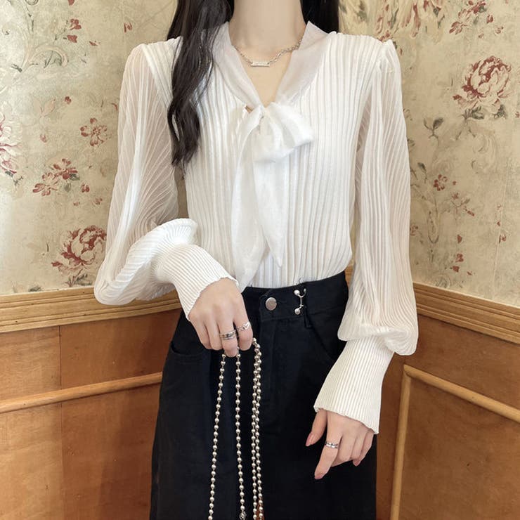 ホワイト | プリーツ リブニット トップス | SUNSHINE CLOSET