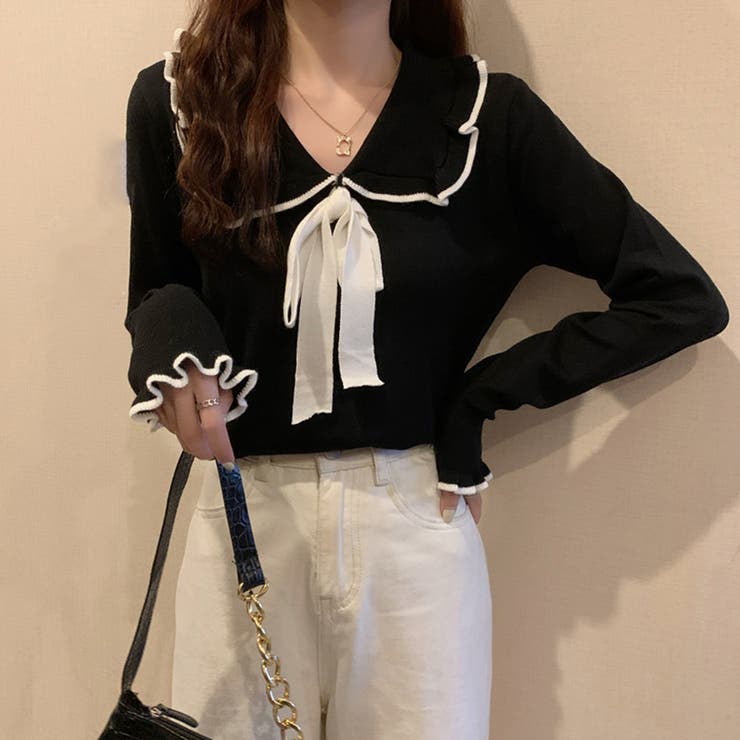ブラック | ニットトップス レディース リボン付き | SUNSHINE CLOSET