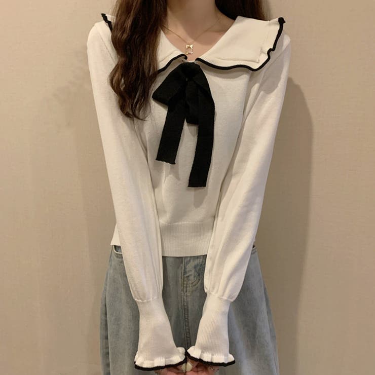 ホワイト | ニットトップス レディース リボン付き | SUNSHINE CLOSET