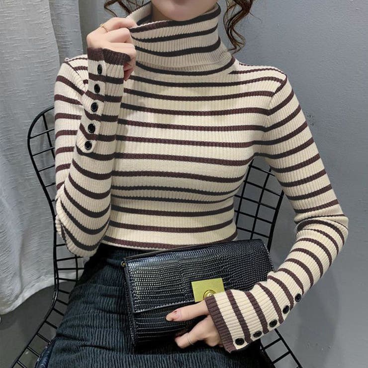 ベージュ | ボーダー柄ニットトップス タートルネック | SUNSHINE CLOSET