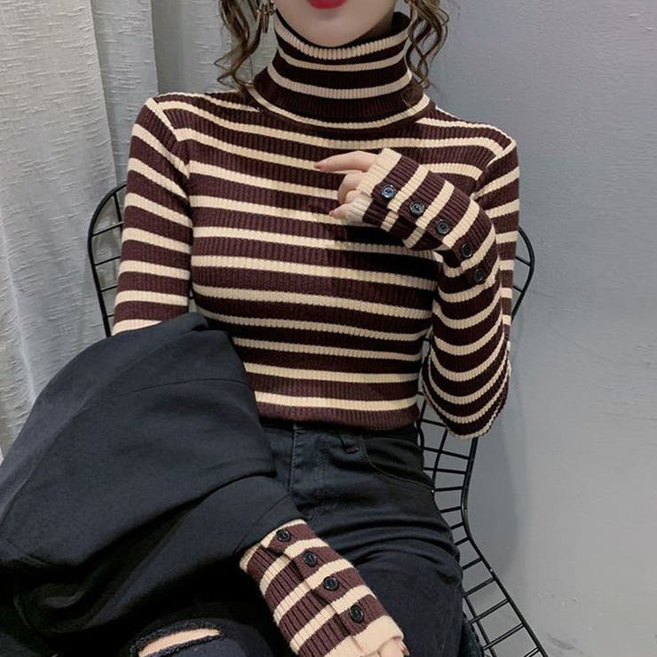 ブラウン | ボーダー柄ニットトップス タートルネック | SUNSHINE CLOSET