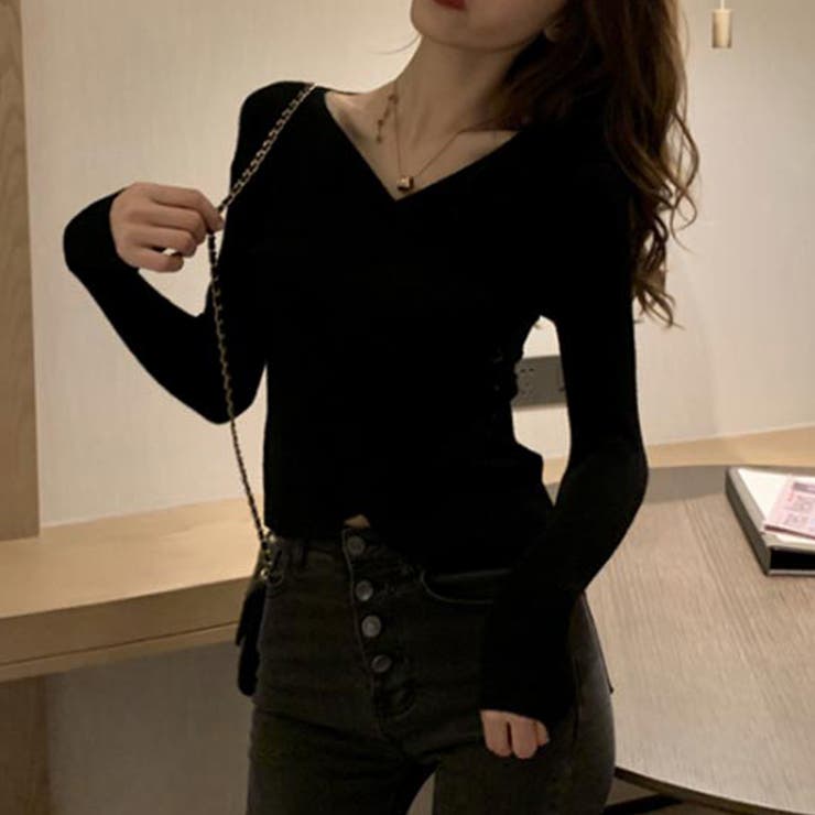 ブラック | リブニット レディース カシュクール風 | SUNSHINE CLOSET