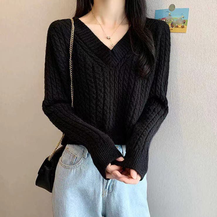 ケーブル編み Vネックニット きれいめ[品番：AGCW0002810]｜SUNSHINE