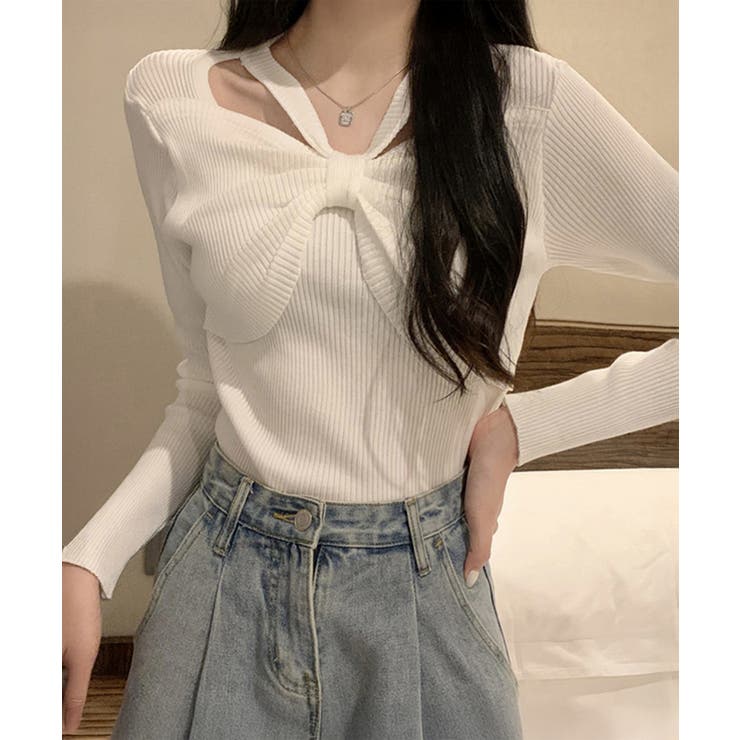 フロントリボンリブニットトップス大人秋服 | SUNSHINE CLOSET | 詳細画像1 