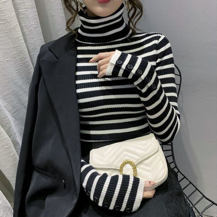 ボーダー柄ニットトップス タートルネック | SUNSHINE CLOSET | 詳細画像5 