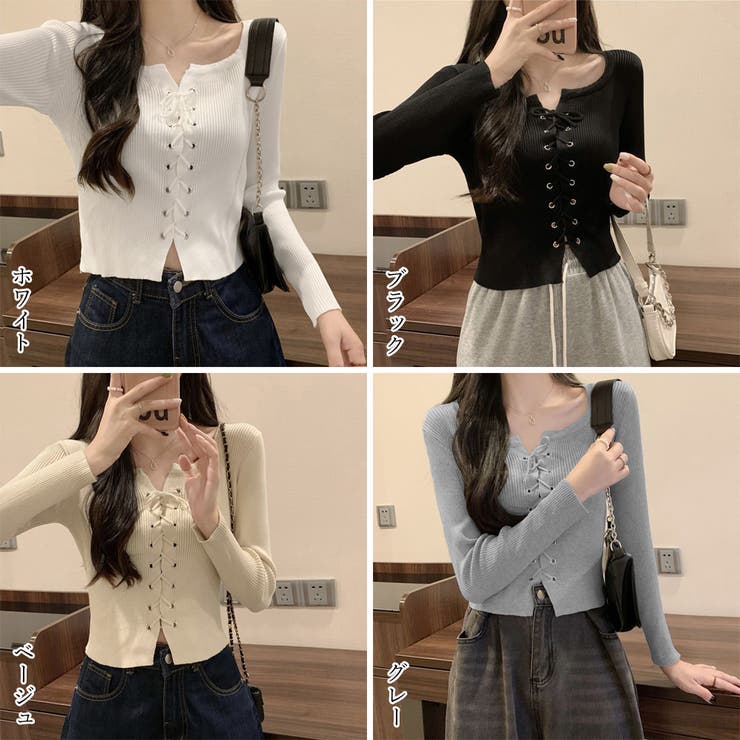 ニットトップス フロントレースアップ秋服[品番：AGCW0004798