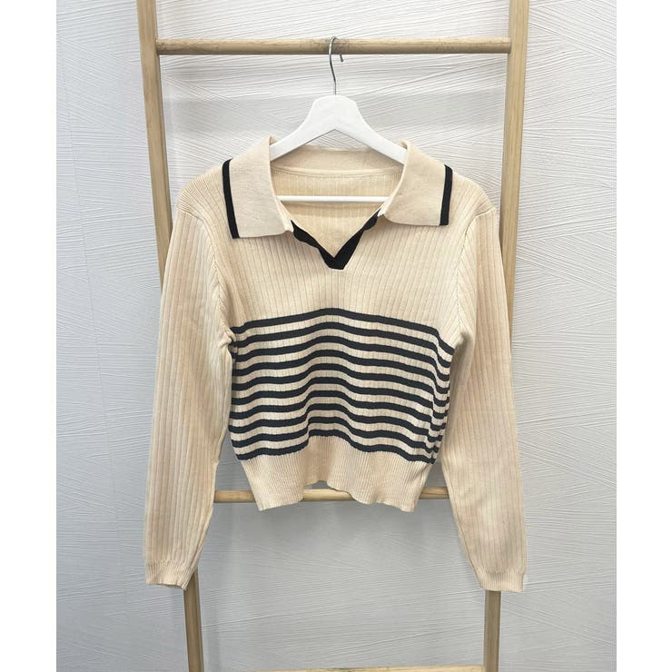 ポロカラーボーダーニットトップスVネック | SUNSHINE CLOSET | 詳細画像12 