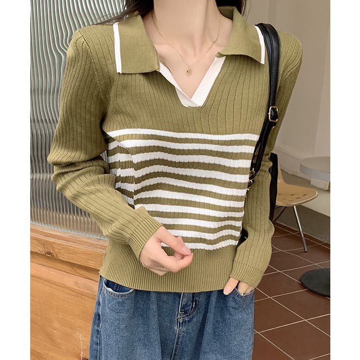 ポロカラーボーダーニットトップスVネック | SUNSHINE CLOSET | 詳細画像5 