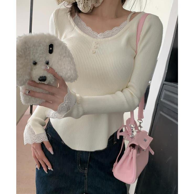 レイヤードニットトップス レース切替え | SUNSHINE CLOSET | 詳細画像6 