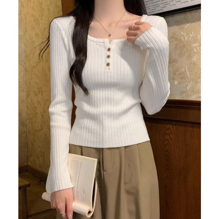 リブニットトップス 着やせ 無地 韓国風 | SUNSHINE CLOSET | 詳細画像1 