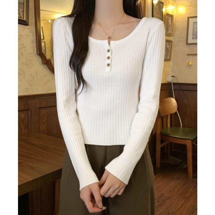 リブニットトップス 着やせ 無地 韓国風 | SUNSHINE CLOSET | 詳細画像3 