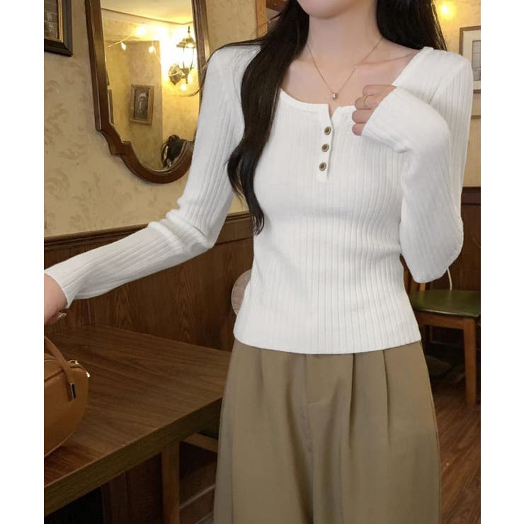 リブニットトップス 着やせ 無地 韓国風 | SUNSHINE CLOSET | 詳細画像4 