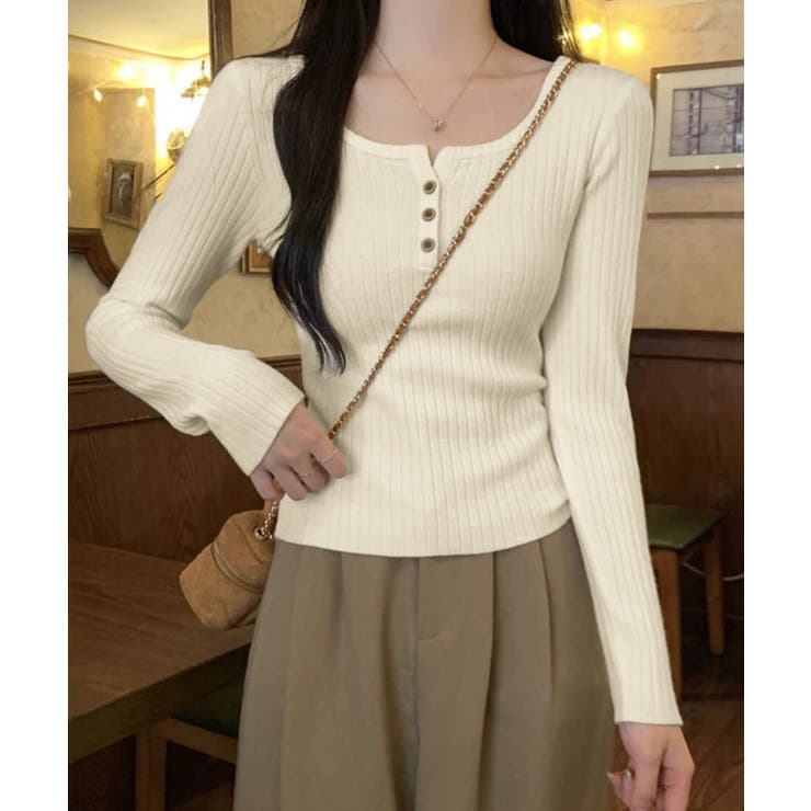 リブニットトップス 着やせ 無地 韓国風 | SUNSHINE CLOSET | 詳細画像6 