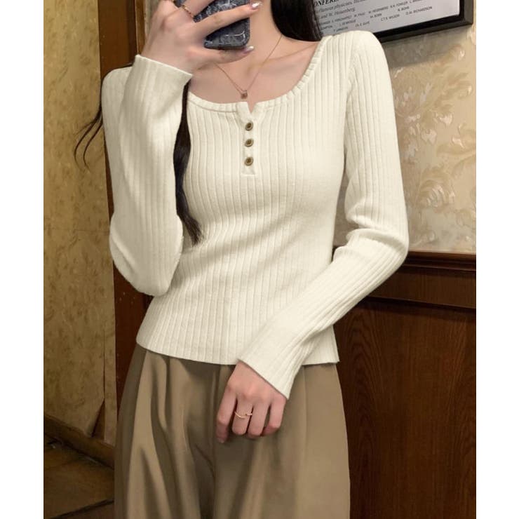 リブニットトップス 着やせ 無地 韓国風 | SUNSHINE CLOSET | 詳細画像7 