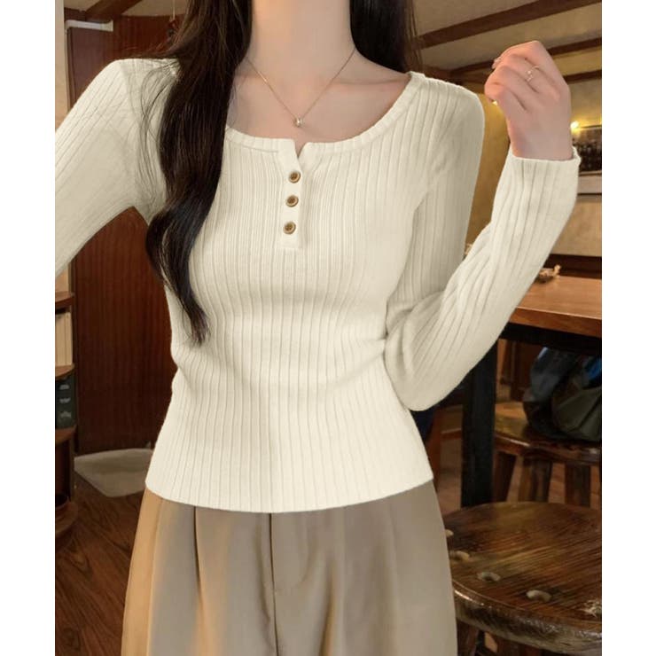 リブニットトップス 着やせ 無地 韓国風 | SUNSHINE CLOSET | 詳細画像8 