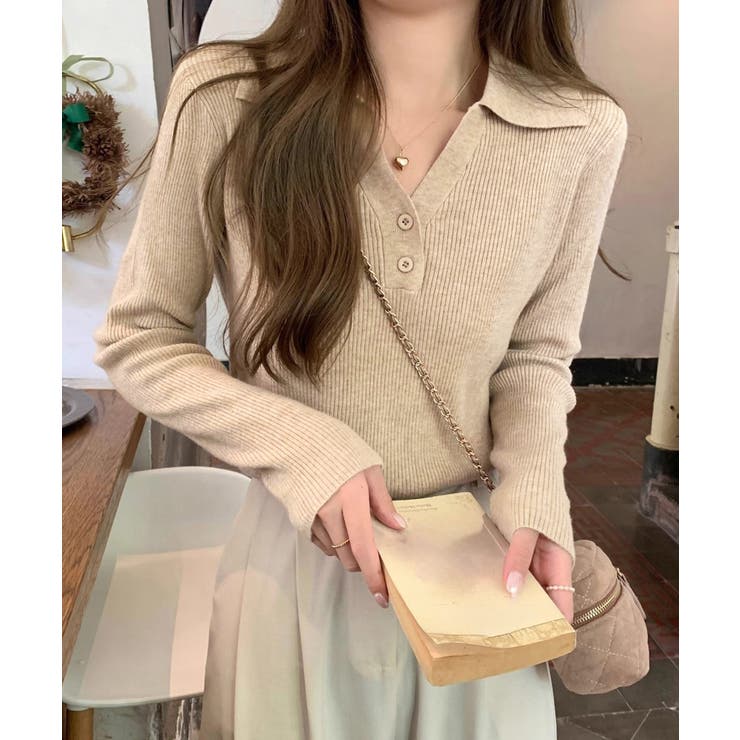 ポロニットトップス リブニット 韓国風 | SUNSHINE CLOSET | 詳細画像2 