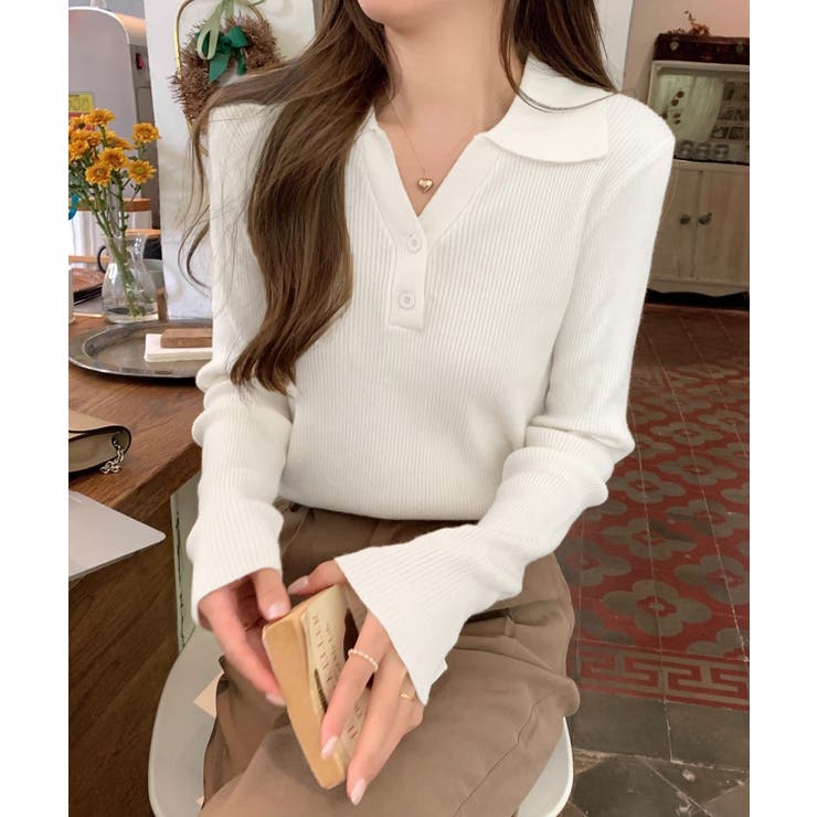 ポロニットトップス リブニット 韓国風 | SUNSHINE CLOSET | 詳細画像4 