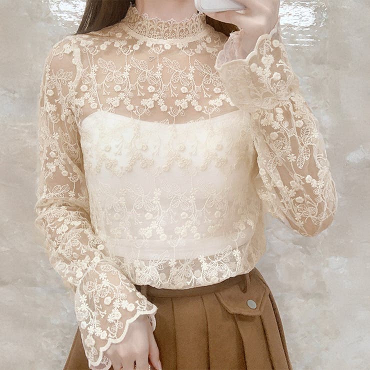 花柄刺しゅうレースブラウス長袖レディース[品番：AGCW0001320