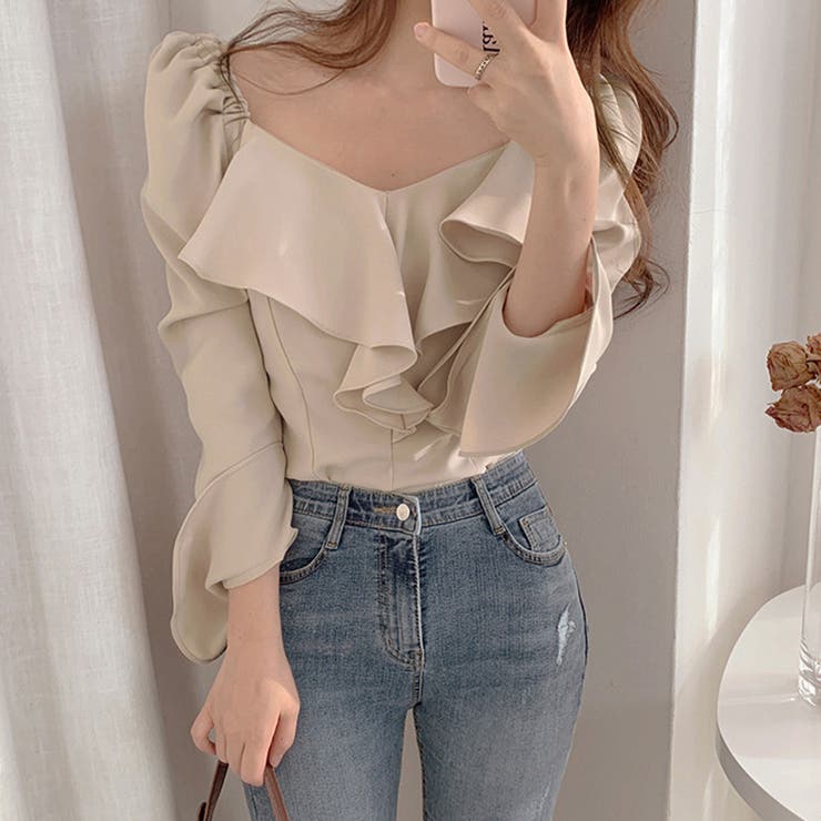 韓国ファッション 長袖ブラウス フリル襟 | SUNSHINE CLOSET | 詳細画像1 