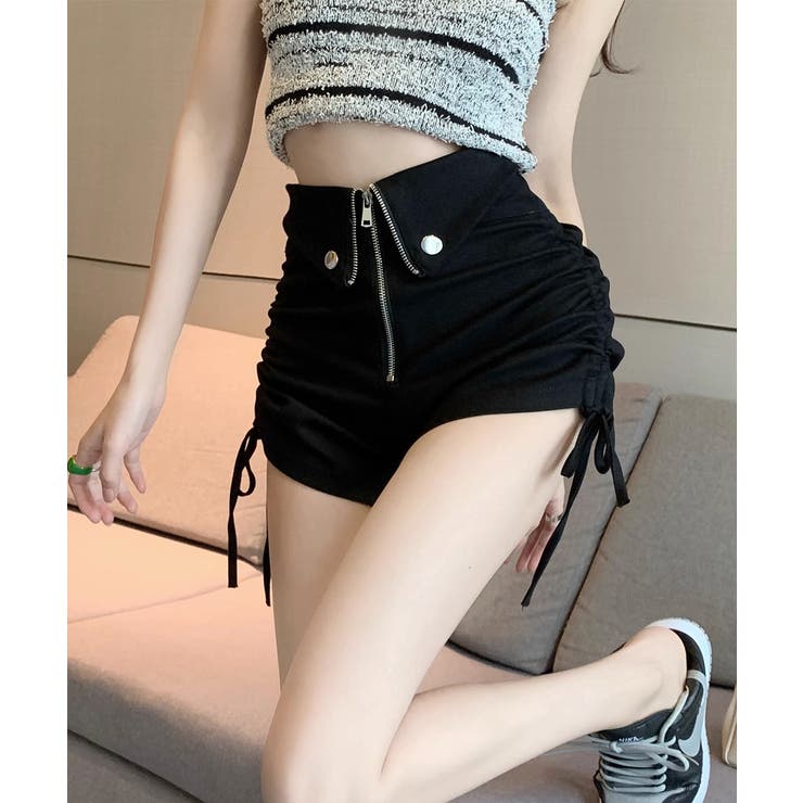 cygne スタイルアップショートパンツ Karine 黒 ショートパンツ サイドドロスト短パン美脚[品番：AGCW0005590