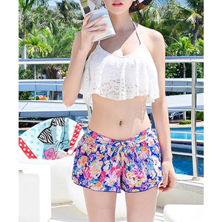 ホルターネック水着 レースフリルビキニトップス 花柄ショートパンツ | SUNSHINE CLOSET | 詳細画像2 