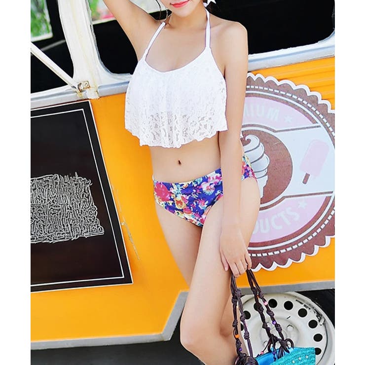 ホルターネック水着 レースフリルビキニトップス 花柄ショートパンツ | SUNSHINE CLOSET | 詳細画像4 