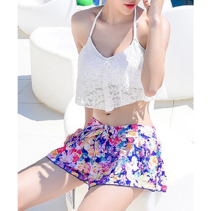 ホルターネック水着 レースフリルビキニトップス 花柄ショートパンツ | SUNSHINE CLOSET | 詳細画像8 