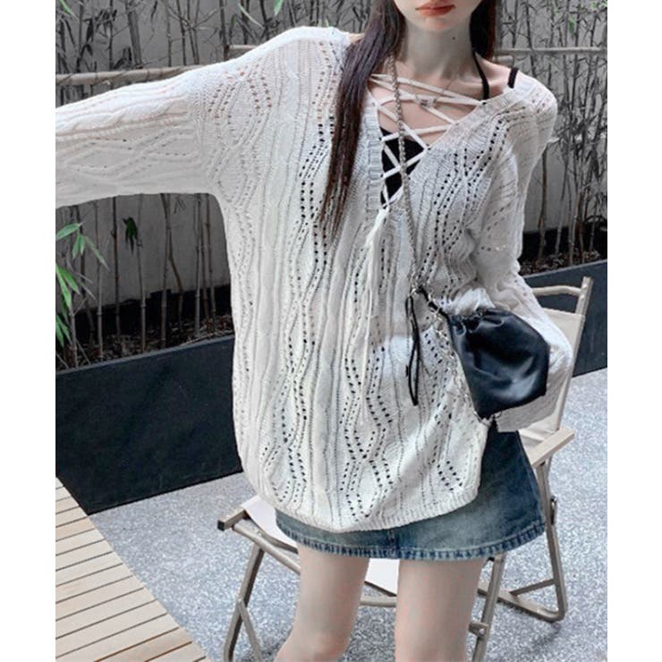 透かし編み ニットトップス レースアップ | SUNSHINE CLOSET | 詳細画像3 