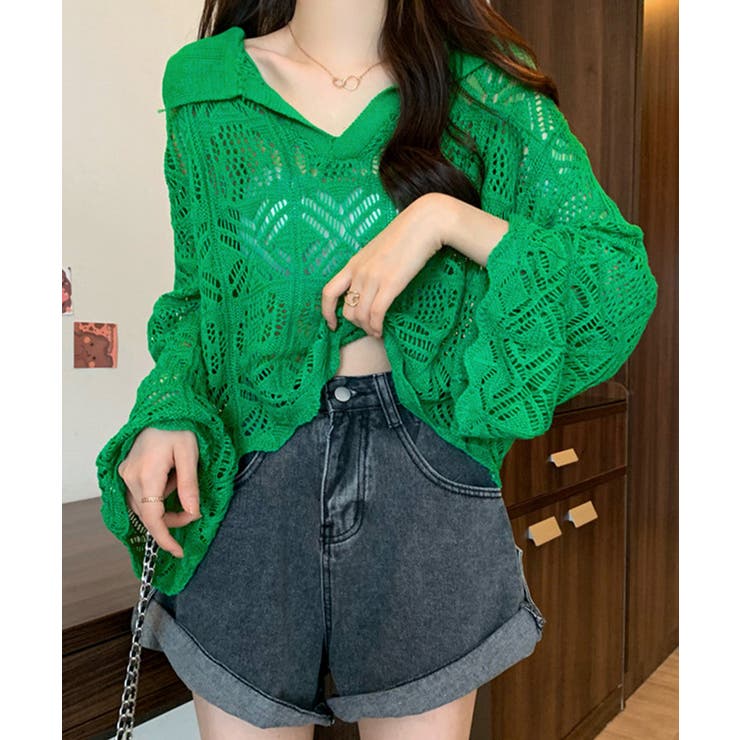 【美品】ジプソフィア　透かし編みコットンニット　ライトピンク　春服　フリル袖 フィフス fifth 透かし編みニットプルオーバー -アウトレット
