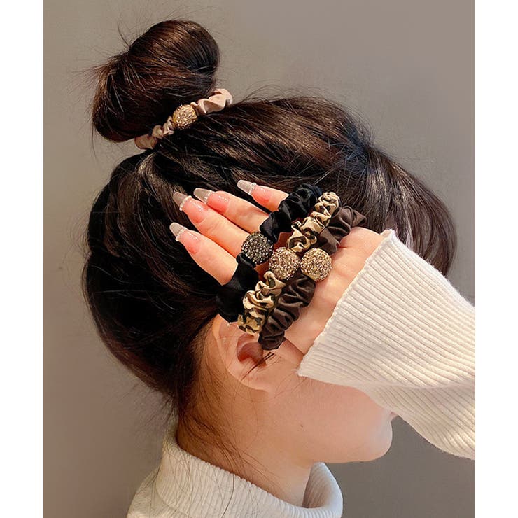 華やかなラインストーンボールシュシュ サテンヒョウ柄スリムヘアゴム まとめ髪アレ… | SUNSHINE CLOSET | 詳細画像3 