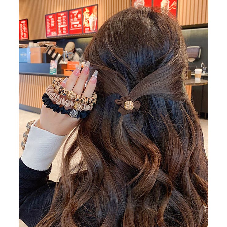 華やかなラインストーンボールシュシュ サテンヒョウ柄スリムヘアゴム まとめ髪アレ… | SUNSHINE CLOSET | 詳細画像5 