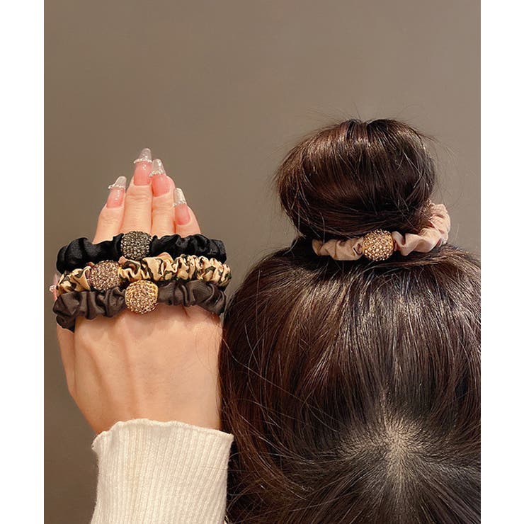 華やかなラインストーンボールシュシュ サテンヒョウ柄スリムヘアゴム まとめ髪アレ… | SUNSHINE CLOSET | 詳細画像6 