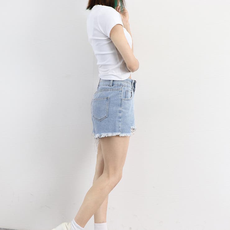 ダメージ加工デニムショートパンツ 韓国風[品番：AGCW0004294