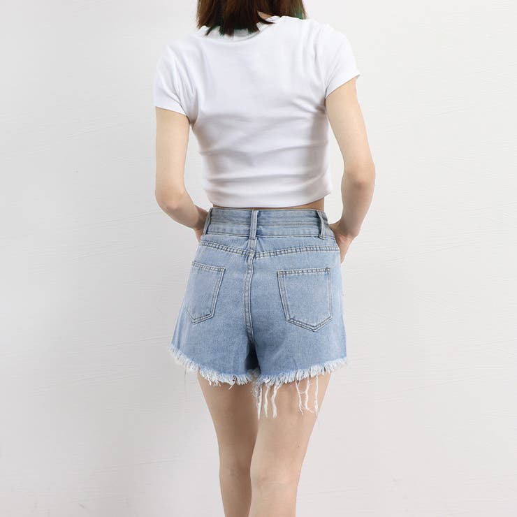 ダメージ加工デニムショートパンツ 韓国風[品番：AGCW0004294