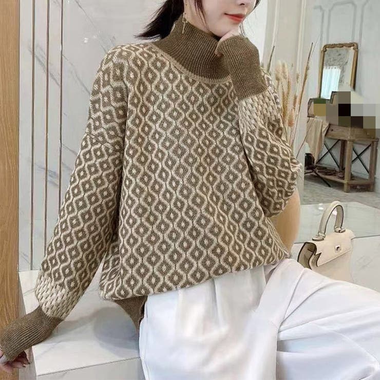 配色ダイス柄ニットトップスハイネック 配色ダイス柄ニットトップスハイネック 春 春服[品番