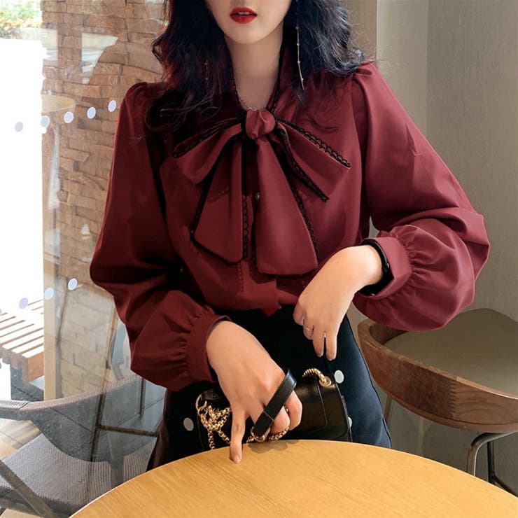 ボウタイブラウス 韓国リボンブラウス長袖[品番：AGCW0002805