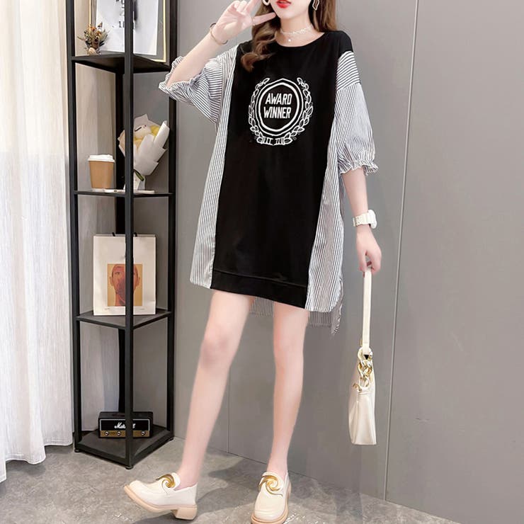 ロゴ チュニック 夏ロングTシャツ 半袖[品番：AGCW0003185